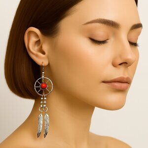 Statement 3.25" Dreamcatcher Earrings – Dreamcatcher Silver Feather, Coral Beads